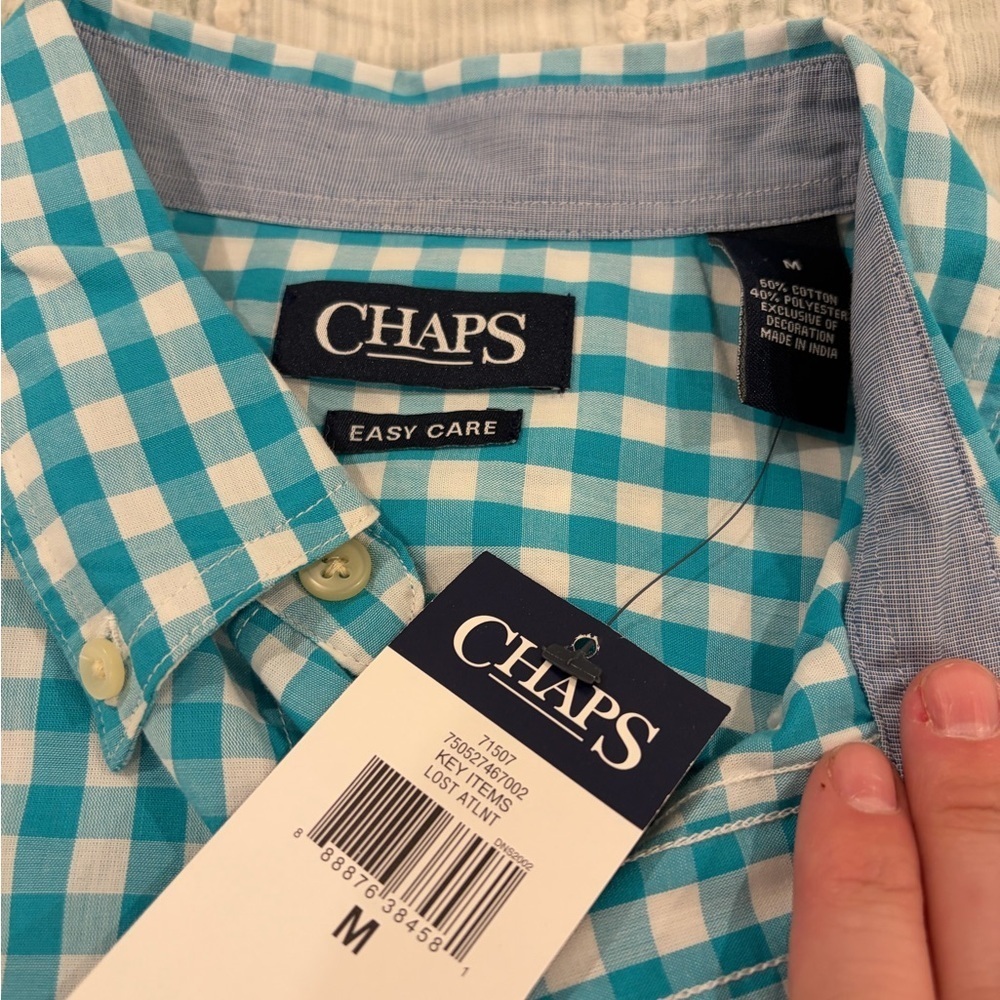 Chaps Easy Care Blue‎ White Check Button Down Shirt Men’s Medium NWT - Picture 2 of 5
